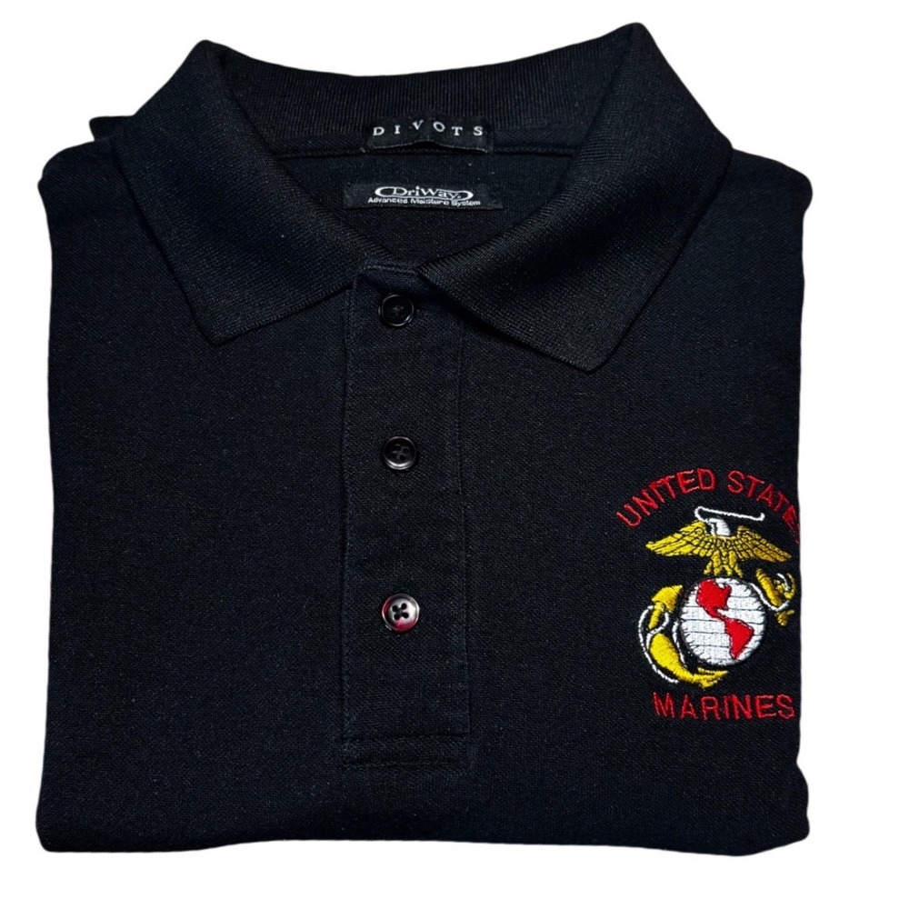 Divots Polo Shirt Men Large Black US Marines DriWay Moisture Wicking Short Sleev - Picture 1 of 8